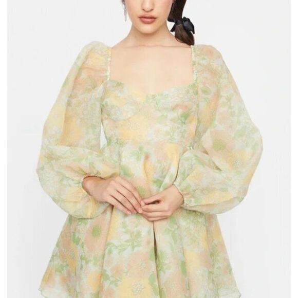 Selkie Dresses & Skirts - Selkie Pale Yellow & Mint Green Retro Floral Puff-Sleeve Mini Dress